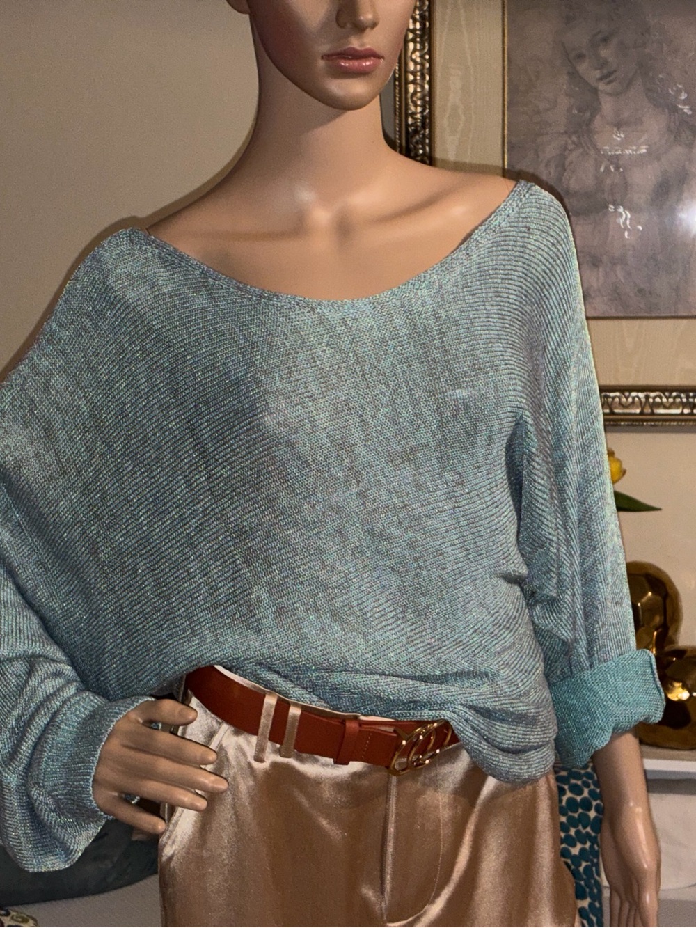 Guess Light Teal Off-the-Shoulder Knit Sweater